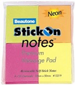 Stick On Notes Beautone 38x50mm Neon Colours 4Pack